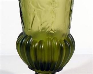 Green Glass Vase With Grecian Styled Images, 8.5" Tall