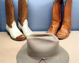Two Pair Of Leather Cowboy Boots Size 8.5 And Beaver Hats Cowboy Hat Size 7-1/8
