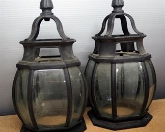 Assorted Exterior Lighting, Includes Copper Toned Porch Light, Two Post Lamp Tops, Solar Yard Lamp, And Three Kerosene Tiki Inserts