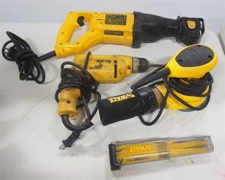 DeWalt Tools, Includes Reciprocating Saw DWE304 With Extra Blades, Drill 3/8", Orbit Sander D26451, All Power On