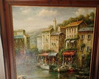 Large original oil painting 6' x6' plus European coastal, village scene,  $3,200 