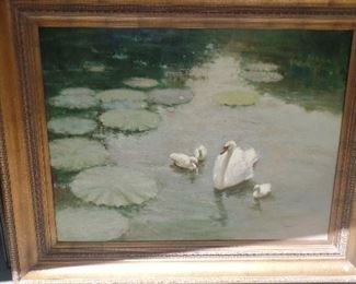 Rare French artist oil on canvas 5' plus x 4' plus " Swans in Lake" $3,850