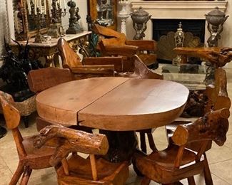 Burl wood dining set 6 chairs 