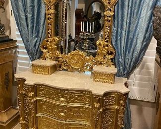 French marble top console table and mirror 