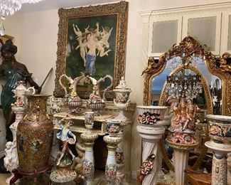 Capodimonte pieces, painting and huge bronze lady 