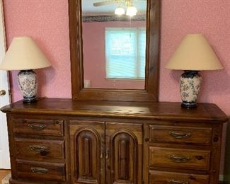 #19	Burlington House solid wood dresser with mirror. 79"x20"x33"	 $125.00 
