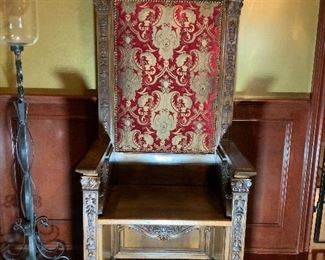 Antique Belgium Bishop Chair with Heavy Detail. 