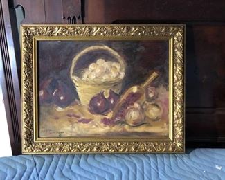 https://www.ebay.com/itm/124123625719 LAN771: Ann Garmson Still Life Fruit and Basket Oil on Canvas Framed Local Pi $50