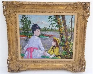 Suzanne Eisendieck French Impressionist Oil Embarcadere a Sannois, oil on canvas, 18.4 x 21.8 inches, 27.3 x 30.5 x 3.5 inches framed, signed lower left, titled verso, Paris American Art Co. stamp verso. Provenance: Palm Beach County, FL penthouse collection of Manhattan and Connecticut retirees.