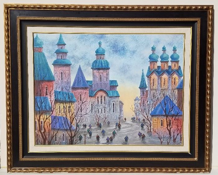 natole Krasnyansky Russian Ukrainian Painting village street scene landscape b. Kiev, Ukraine when USSR, active in California, USA: Circa 1990s, acrylic on canvas, 30 x 40 inches, 44 x 54 x 1.5 inches framed, signed A. Krasnyansky lower right. Inscribed with inventory number in pencil on canvas verso. Likely Park West cruise ship transport and framing labels and cloth backing on frame verso. Ornate frame molding. Provenance: Sale of estate art collection, Palm Beach County, Florida. 