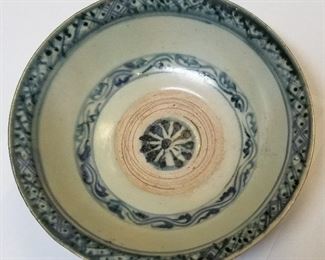 Antique Chinese Circa Ming Bowl 7.8 x 2.6 x 2.9 inches having a central stylized wheel design to the interior center surrounded by an unglazed ring, additional interior and rim decorative blue on white bands and blue ring, two blue rings to back, unglazed foot and unglazed underside of base. Provenance: Las Vegas, Nevada sale of estate items, 2020. Note that this lot has restoration as outlined in condition notes.
