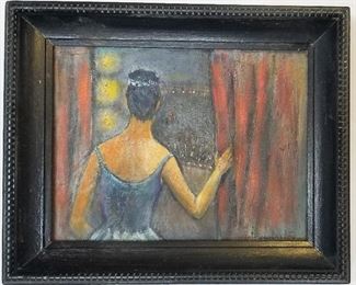 Olive Pemberton Texas Modernist Genre Oil Woman Backstage at an opera ballet or theatre stage concert or performance, oil on masonite, 6.9 x 8.9 inches, 9 x 11 x 1.3 inches framed, signed lower right, original or period painted frame molding. Provenance: Desceneded in the family of TX artist Jan Holmes now residing in Florida.