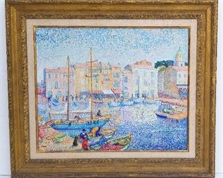 Yvonne Canu St. Tropez French Oil Pointillist Impressionist harbor scene with boats, oil on canvas, 19.5 x 24 inches, 28 x 32.4 x 2.5 inches framed, signed lower left, numbered 517, titled St. Tropez and inscribed or signed again Y. Canu verso. Provenance: Palm Beach County, FL penthouse collection of Manhattan and Connecticut retirees.