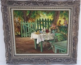Marcel Dyf French Cafe Oil Impressionist genre composition incorporating figures, still life and landscape, oil on canvas, 18.4 x 21.6 inches, 26 x 29.8 x 2.8 inches framed, signed lower right, inscribed in ink on stretcher 619. Provenance: Manhattan estate.