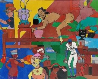 arge Richard Merkin The Tramp Steamer, oil on canvas, 62 x 78 inches, 62.8 x 78.8 x 0.8 inches framed, signed and titled twice verso The Tramp Steamer or The Road Is All, Terry Ditenfass 57th St., NYC label verso dating the work 1983-1985. Original or period strip molding. Note that the collection had a Better Days series catalogue and poster from the late 80s and a 1992 Helander Gallery, Palm Beach Recent Paintings poster in their collection and we surmise this work may be from the Better Days series perhaps acquired in the Helander show.