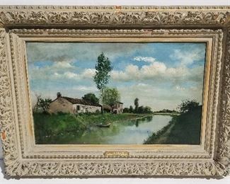 Theodore-Felix Vetelet Barbizon Landscape French 19C Apres la Pluie, oil on canvas, 16.1 x 25.5 inches, 25 x 34.6 x 2.8 inches framed, signed lower right, frame plaque with title, auction label possibly Sothebys, partial shipping label and inventory number verso. Period frame. Provenance: Manhattan estate.