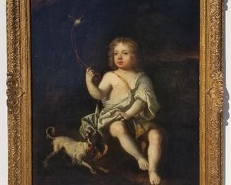 Sir Peter Lely Boy with Dog Portrait Holding a Tethered Bird Seated in a Landscape, oil on canvas, 48 x 40 inches, 58.5 x 49 x 3 inches framed, no visible signature however note that the painting has been lined, inscribed Sir Peter Lely 1618 1680 Portrait of a Boy in Carved Frame on stretcher label, 287 LS stencil on stretcher likely a sale inventory number possibly Christies London together with various chalk inscriptions. gilt frame. Note that we offer all paintings by artists born prior to 1800 as School of, as an attribution only, however our research indicates Lely painted in the 48 x 40 inch format frequently. Provenance: A Southern collection.