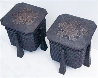 Pair Antique Japanese Kimono Boxes, carved with scenic top panels, lacquered, 13.4 x 14.3 x 14.3 inches, underside foot of one stamped 1 under lacquer, underside foot of second stamped 2 under lacquer. With a vintage newspaper article showing the pair iIllustrated in the Hong Kong Standard, July 3, 1970 in a Hong Kong residence identified as over 200 years old at the time displayed fitted with Mid-Century slip-on unaffixed glass, wood and brass footed table surrounds that are available at no additional cost to the winning bidder from the family for an approximate USD$ 350 domestic shipping charge if desired. Provenance: Sold on behalf of a Palm Beach County, Florida trust.