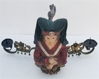 Black Forest Carving 6 of 20, Monk Polychrome Hanging Ceiling Sculpture Horn Merman Male Mermaid. Wood, antler or horn and rope. Dark patina. 15 x 14 x 19 inches. Provenance: This German Austrian Swiss Bavarian Alpine figural carving is one of twenty in the sale from the estate of a New England lifetime collector national business owner retired to central Florida.