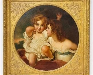 After Sir Thomas Lawrence Portrait of the Calmady Children aka Nature, oil on canvas, 30 inches tondo diameter, 40.3 x 40.3 x 3 inches framed. Gilt frame with gilt liner. Provenance: A Southern collection.