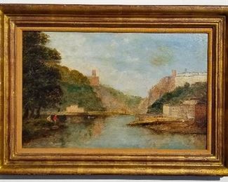 19C British Avon at Bristol Landscape, oil on canvas, 11 x 17.3 inches, 14.8 x 21 x 0.8 inches framed, possible illegible signature lower right, chalk sale numbers verso. According to the owners this depicts the Avon before the 1864 completion of the Victorian Brunel bridge linking the Georgian Clifton bank with Ashton Court. Provenance: Manhattan estate.