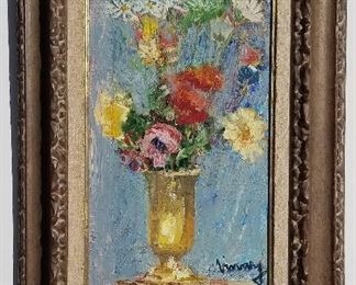 Jean Vinay Post-Impressionist Still Life, Bouquet au Vase Dore, oil on canvas, 18.5 x 11, signed lower right, frame plaque with title.