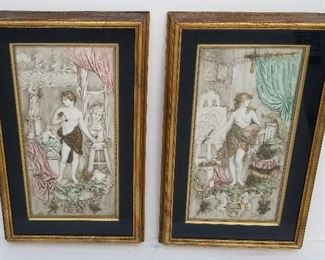 Pair Karl Sterrer Gilt Polychrome Plaques 1892 framed gilt polychrome ceramic reliefs, each measures 22 x 11 inches plaque dimensions visible within mats, 30.3 inches high x 19.1 inches wide x 2 inches deep incl. frame. Each signed K. Sterrer and dated 1892 as part of the cast polychrome plaster plaques lower right and each with founrdry factory stamp J. Kalmar Geschutzt, . Provenance: Palm Beach County, Florida estate.