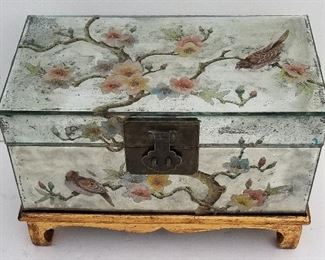 hinese Mirrored Jewelry Box Brass Mounts gilt stand bird decor dresser vanity accessory, 9.8 inches high x 15 inches wide x 8 inches deep incl. stand. Box height without stand is 7 inches. Chinese newspaper characters lining. Provenance: Palm Beach County, Florida estate.