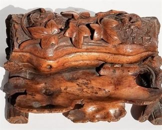 Black Forest Carving 16 of 20, log inkwell, 4 x 9.8 x 6 inches. Provenance: This German Austrian Swiss Bavarian Alpine figural carving is one of twenty in the sale from the estate of a New England lifetime collector national business owner retired to central Florida.