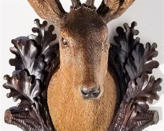 Black Forest Carving 19 of 20, large modern deer stag plaque, varnish eyes, 30 x 18 x 11.5 inches. Provenance: This German Austrian Swiss Bavarian Alpine figural carving is one of twenty in the sale from the estate of a New England lifetime collector national business owner retired to central Florida.