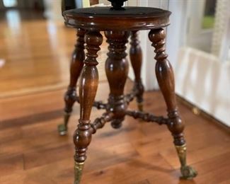 ITEM #12 Antique victorian walnut piano swivel stool with claw & glass ball feet 21", $95