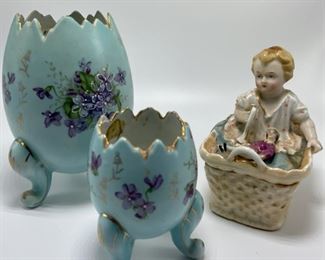 ITEM #33 Lot, 3 pieces, 2 hand painted Faberge egg style decor, one small covered porcelain container, $25