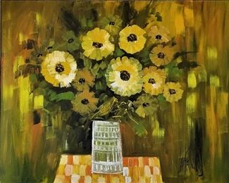 #9 - Yellow flower art has information on artist Lee Reynolds with it 61" x 49" - $350