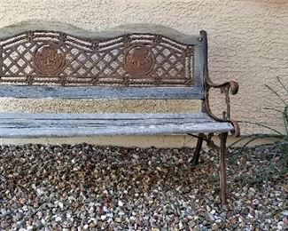 #108 Outdoor bench with metal pottery design on back. Needs refinishing - $65