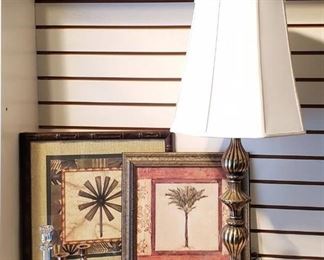 Brass Decor, Framed Botanical Prints, and Lamp