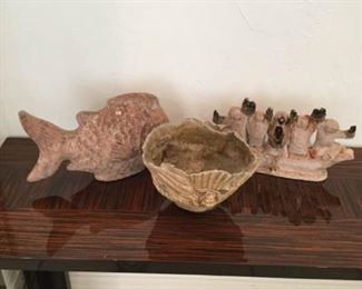 Pottery Fish, Candleholder, and Face Bowl https://ctbids.com/#!/description/share/367886