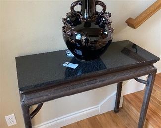 A pair of Blackwood Altar Tables with custom marble tops. Originally $2,400 each. Asking $900 each. Alter tables measure 35 1/2 “ w x 14 1/2 “ d x 32 1/2 “ h. Marble tops are 1” thick  Vases sold