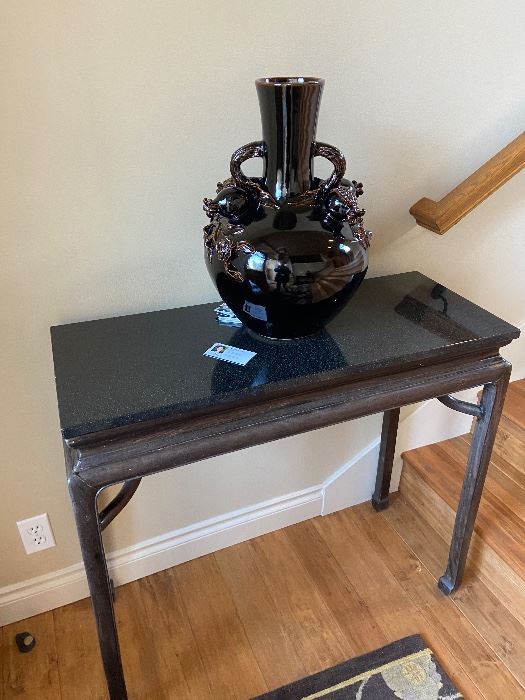 A pair of Blackwood Altar Tables with custom marble tops. Originally $2,400 each. Asking $900 each. Alter tables measure 35 1/2 “ w x 14 1/2 “ d x 32 1/2 “ h. Marble tops are 1” thick  Vases sold