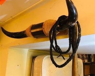  Vintage Mounted Bull Horns & Leather Whip https://ctbids.com/#!/description/share/368225