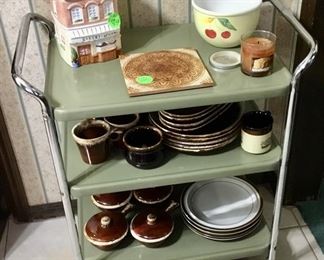 60’s metal cart with McCoy/ Hull dinnerware.