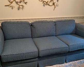 Teal, gold low back  sofa. 3 pillow 82 wide 32 front to back   In very good condition $245.00. Great buy. Perfection brand