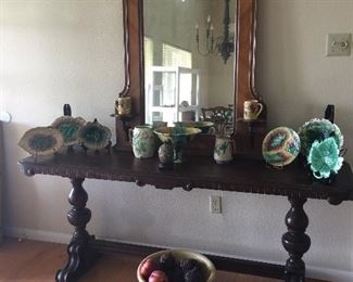 This is the antique, sofa table. The dimensions are listed in the sale’s description. The Majolica plates will be in PART II of the sale because they have been taken offsite.