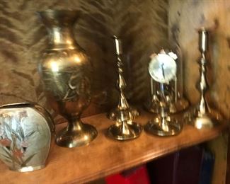 $ 60.00 -  Take 60% off - Brass Grouping (9) - 4 candlesticks, large vase, small vase, salt & pepper and Pendulum clock