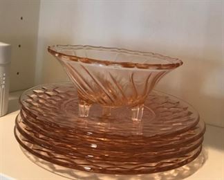 $ 20.00 - Take 60% off - Depression glass set - 4 Lunch plates and a footed Candy bowl