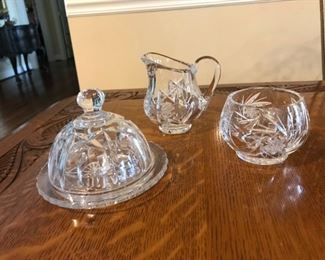 Set of 4 vintage Cut Crystal items includes - Lovely Antique Water Pitcher, Creamer, Sugar Bowl and Domed Cheese Dish