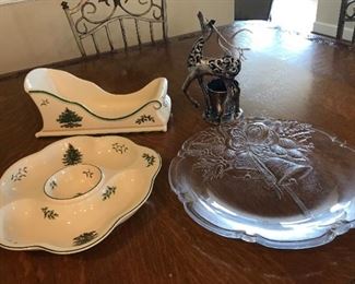 $ 18.00 - Take 60% off - Christmas Group - Mikassa crystal Hostess platter (with box), a sleigh candy dish, sectional platter and a Reindeer candle holder