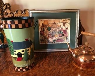$ 30.00 - Take 60% off - Group of 3 pieces  - Copper Kettle, Folk Art Vase with handles (12"H) and  a Framed print (15.5 x 13.5)