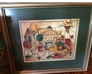 Group of 3 pieces  - Copper Kettle, Folk Art Vase with handles (12"H) and  a Framed print (15.5 x 13.5)