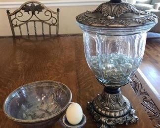 $ 25.00 - Take 60% off - Group of 3 -Small navy candle holder with candle, pottery bowl, and a pedestal Candy dish with lid