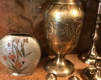 Brass Grouping (9) - 4 candlesticks, large vase, small vase, salt & pepper and Pendulum clock